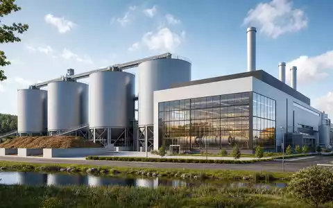 Architektonisches 3D-Render einer Energieanlage im Stil von Drax Group plc, ISIN GB00B1VNSX38, mit Silos - Foto: THN
