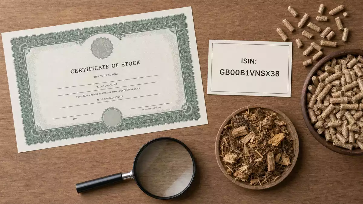 Draufsicht auf Aktienzertifikat, ISIN-Karte und Holzpellets auf Holztisch