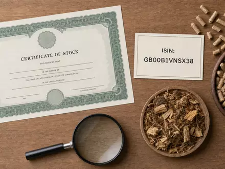 Flatlay-Arrangement mit Aktienzertifikat und ISIN-Karte von Drax Group plc, ISIN GB00B1VNSX38, umgeben von Holzpellets - Foto: THN