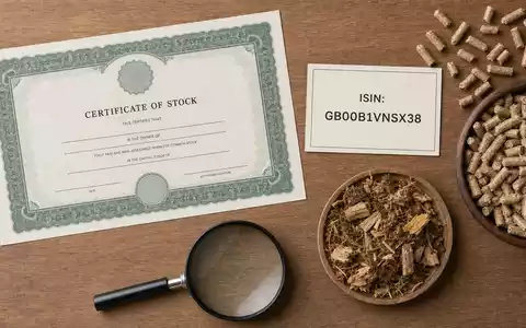 Flatlay-Arrangement mit Aktienzertifikat und ISIN-Karte von Drax Group plc, ISIN GB00B1VNSX38, umgeben von Holzpellets - Foto: THN