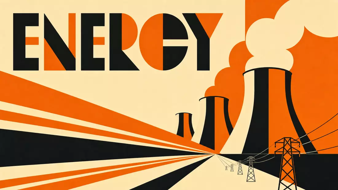 Geometrisches Bauhaus-Poster mit stilisierten Kühltürmen und Schriftzug ENERGY