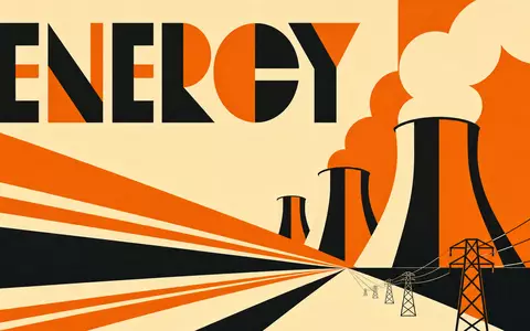 Bauhaus-Poster mit geometrischen Kühltürmen und Schriftzug ENERGY, passend zu Drax Group plc, ISIN GB00B1VNSX38 - Foto: THN