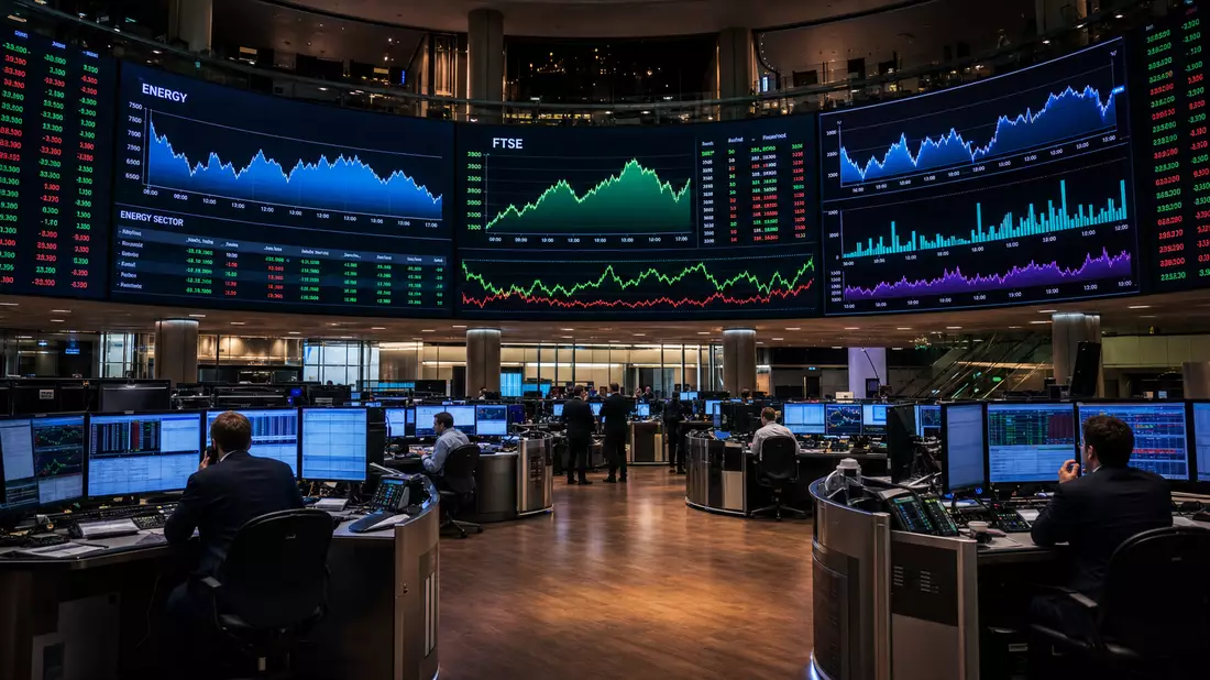 Trading-Floor mit großen Bildschirmen und Charts zum Energiesektor und FTSE-Index