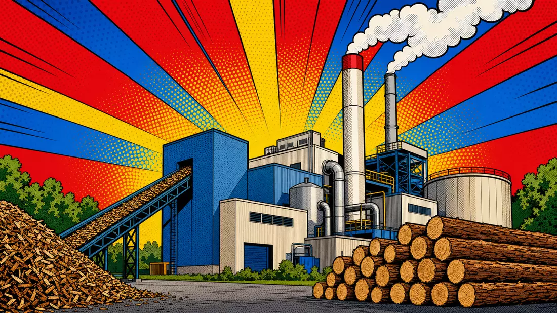Bunte Comic-Illustration eines Kraftwerks mit Halbtonmuster und Sonnenstrahlen