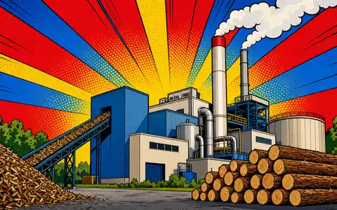 Pop-Art-Comic-Illustration eines Biomasse-Kraftwerks im Stil passend zu Drax Group plc, ISIN GB00B1VNSX38, mit kräftigen Farben - Foto: THN