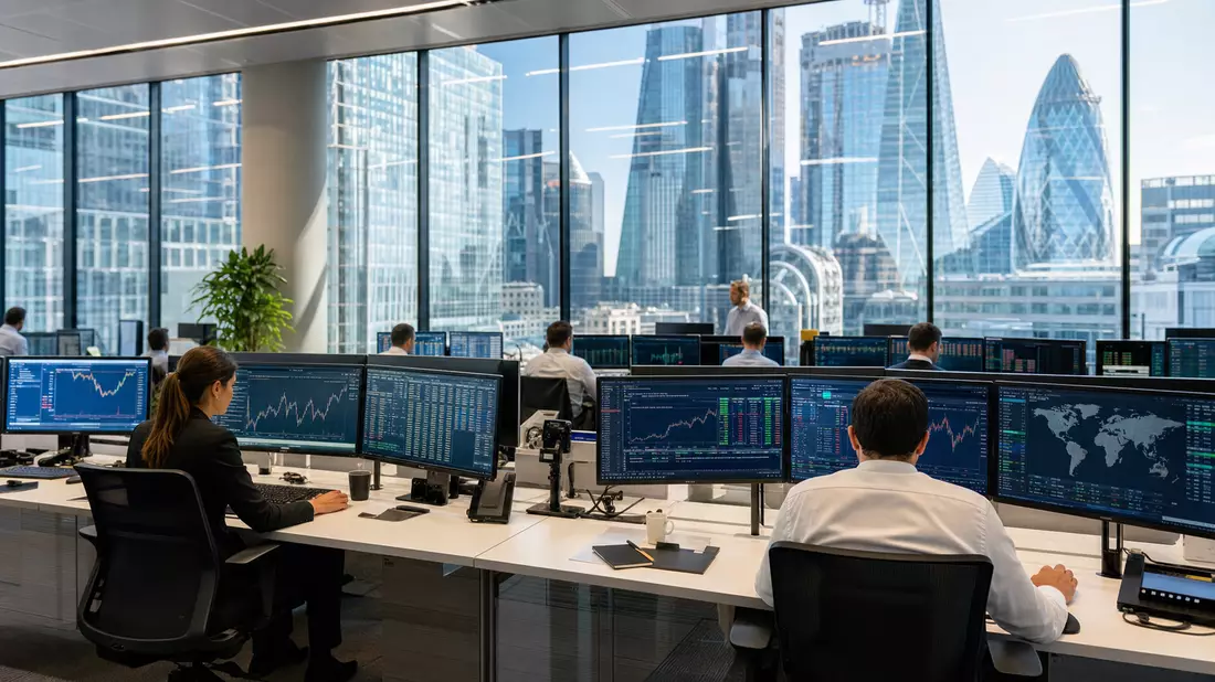 Trader analysieren Schwellenländer-Charts im Büro mit Blick auf die Londoner Skyline