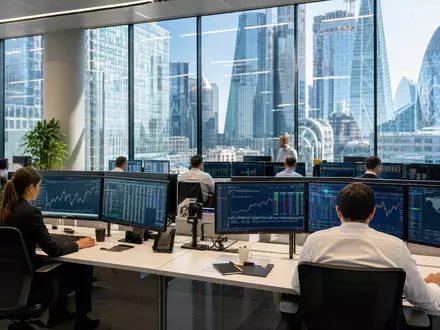 Ashmore Group plc (ISIN GB00B132NW22) Analysten überwachen Schwellenländer-Anlagedaten in modernem Londoner Büro mit Skyline-Blick - Foto: THN