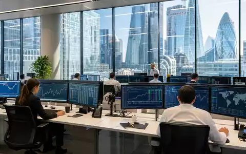 Ashmore Group plc (ISIN GB00B132NW22) Analysten überwachen Schwellenländer-Anlagedaten in modernem Londoner Büro mit Skyline-Blick - Foto: THN