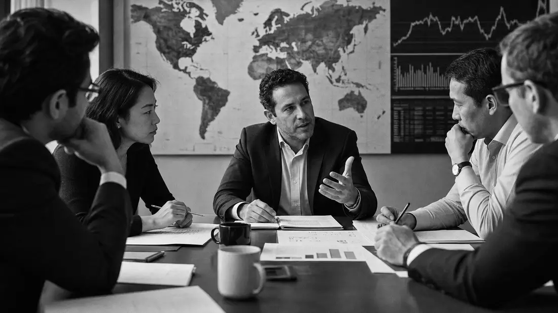 Schwarzweißes Dokumentarfoto einer Teambesprechung zu Schwellenländer-Investments