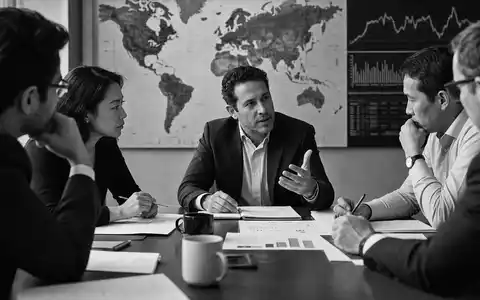 Ashmore Group plc (ISIN GB00B132NW22) Investmentteam bespricht in Schwarzweiß-Reportage Strategie für Schwellenländer-Portfolios am Konferenztisch - Foto: THN