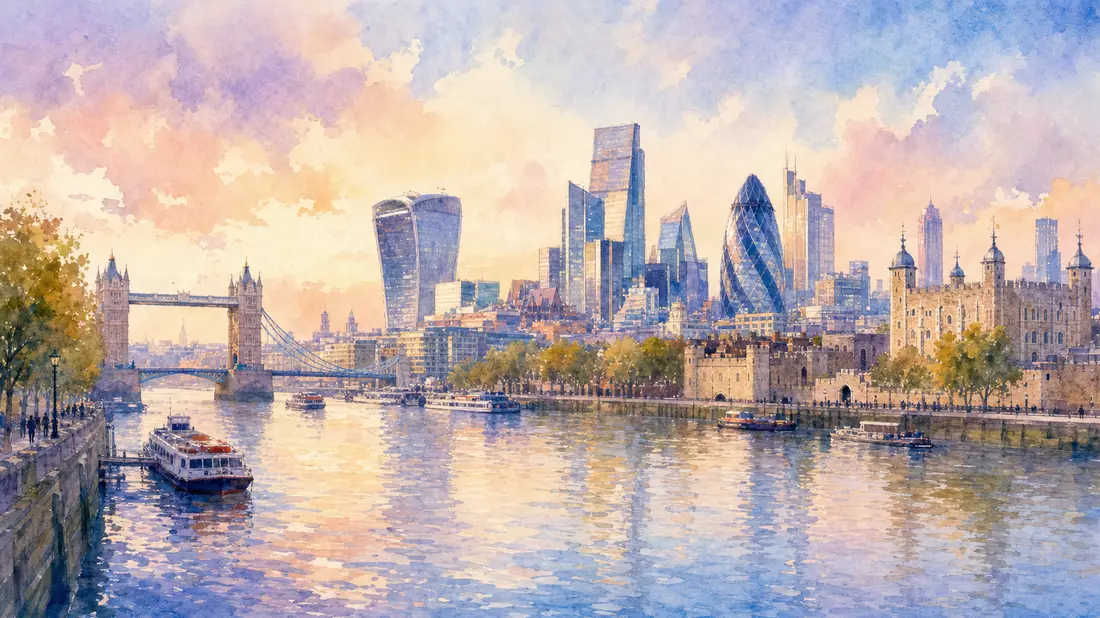 Aquarellmalerei der Londoner Skyline mit Finanzdistrikt entlang der Themse