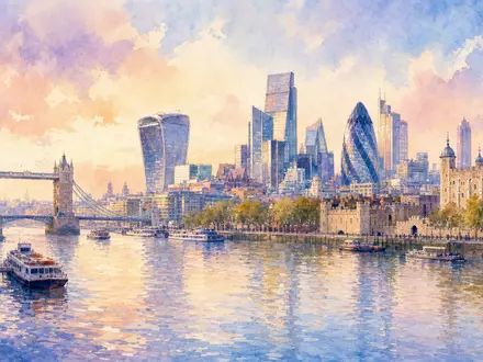 Ashmore Group plc (ISIN GB00B132NW22) zeigt Londoner Skyline und Themse in zarter Aquarell-Optik mit Finanzdistrikt-Türmen - Foto: THN