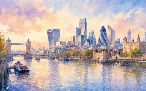 Ashmore Group plc (ISIN GB00B132NW22) zeigt Londoner Skyline und Themse in zarter Aquarell-Optik mit Finanzdistrikt-Türmen - Foto: THN