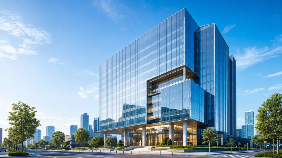 Architektur-Render eines modernen Glas-Bürohochhauses für Finanzdienstleister