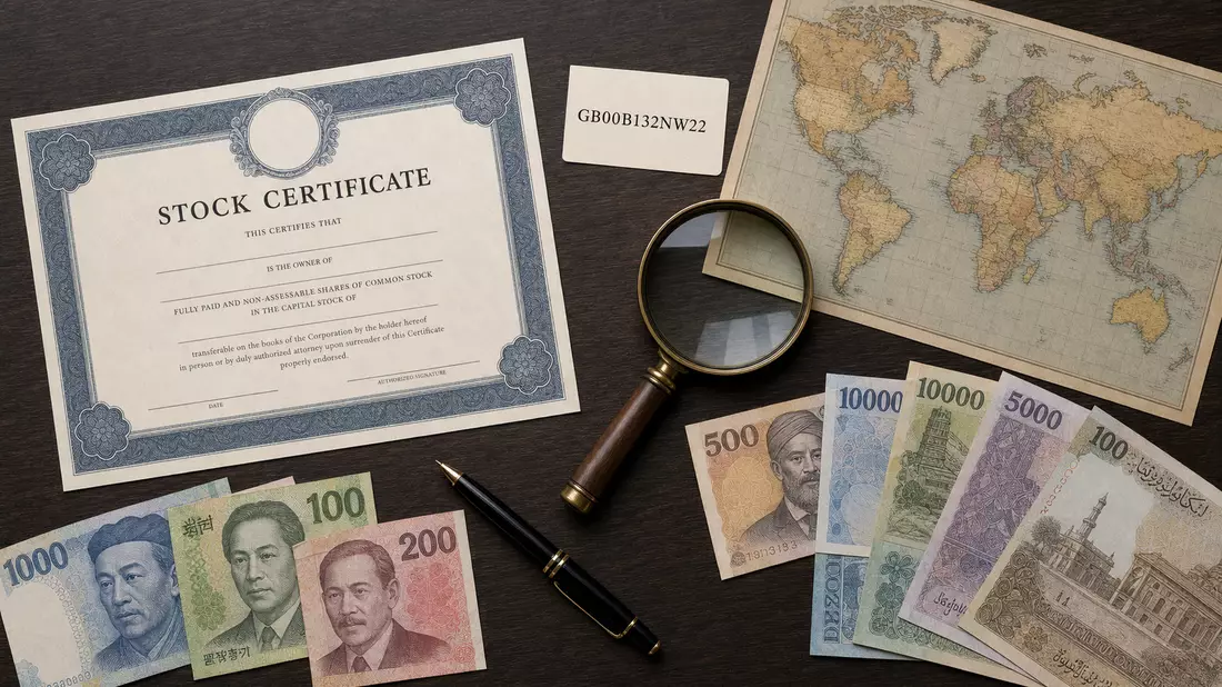 Flatlay-Arrangement mit Aktienzertifikat, ISIN-Karte und Schwellenländer-Banknoten