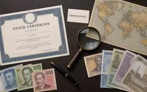 Ashmore Group plc (ISIN GB00B132NW22) Flatlay mit Aktienzertifikat, ISIN-Karte, Weltkarte und Schwellenländer-Banknoten auf Holztisch - Foto: THN
