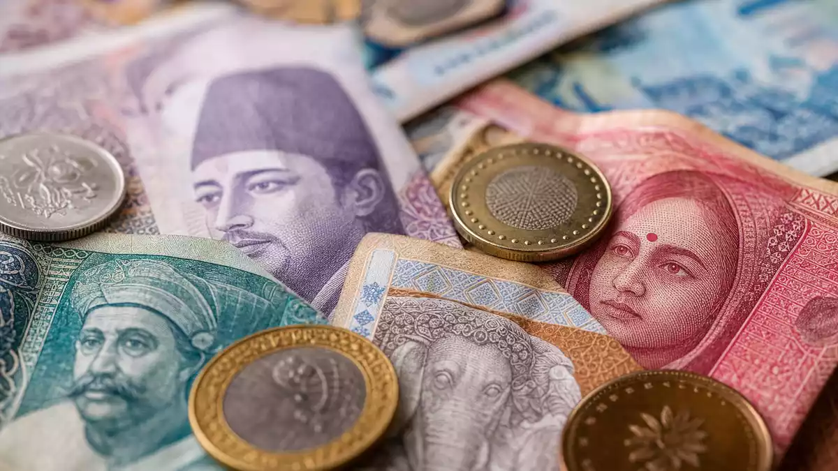 Makroaufnahme von Banknoten und Münzen verschiedener Schwellenländer