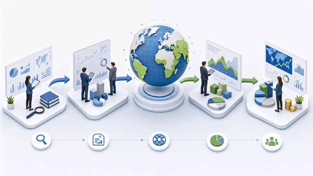 Isometrische 3D-Grafik des Investmentprozesses mit Weltglobus und Datenanalyse