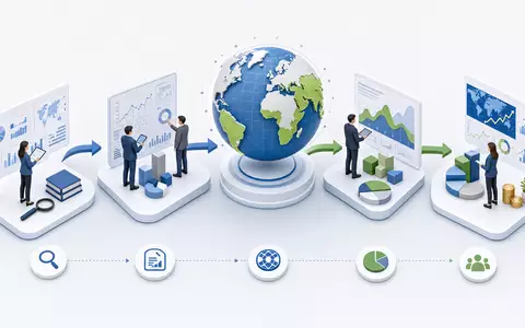 Ashmore Group plc (ISIN GB00B132NW22) isometrische 3D-Illustration zeigt Investmentprozess von Recherche bis Portfolioallokation mit Weltglobus - Foto: THN