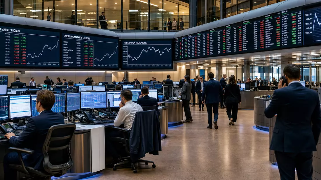 Trading-Floor mit großen Bildschirmen und Charts zu Schwellenländer-Anlagen