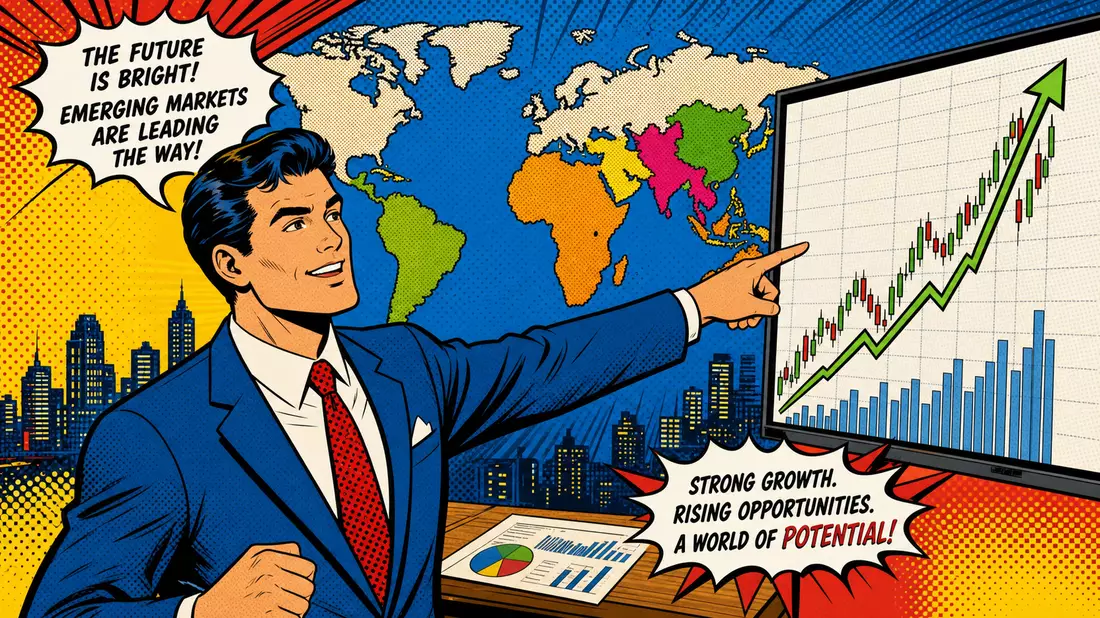 Pop-Art-Comic eines Analysten vor steigendem Aktienchart mit Weltkarte im Hintergrund
