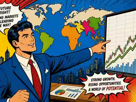 Ashmore Group plc (ISIN GB00B132NW22) Pop-Art-Comic zeigt Analysten vor steigendem Chart mit Weltkarte der Schwellenländer - Foto: THN