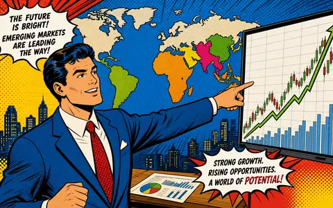 Ashmore Group plc (ISIN GB00B132NW22) Pop-Art-Comic zeigt Analysten vor steigendem Chart mit Weltkarte der Schwellenländer - Foto: THN