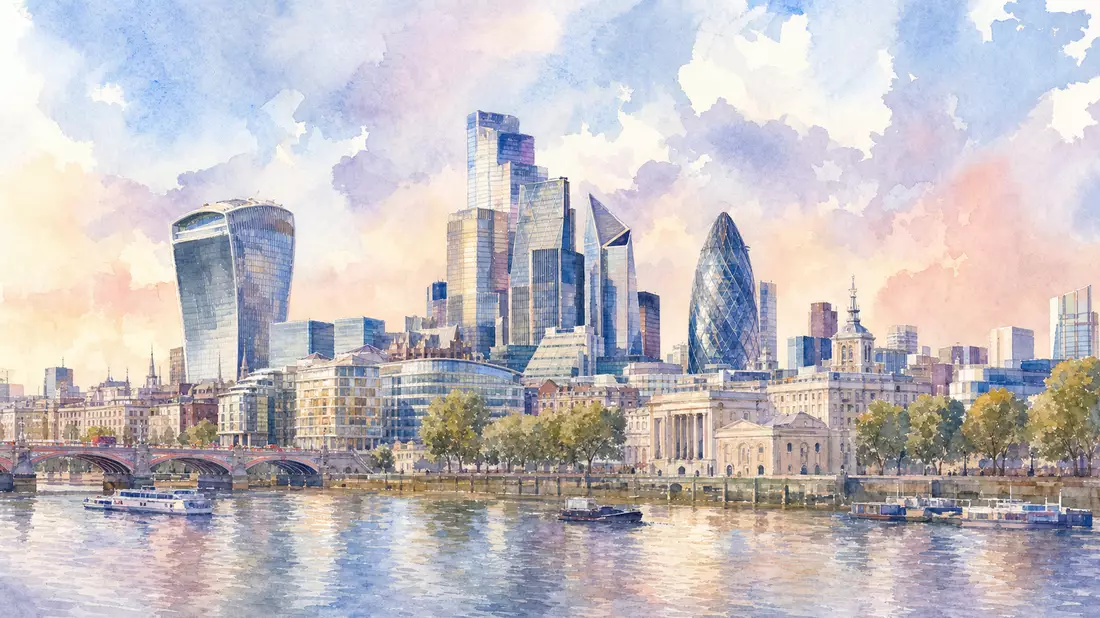 Aquarellbild der Skyline von London mit Themse und Finanzgebäuden