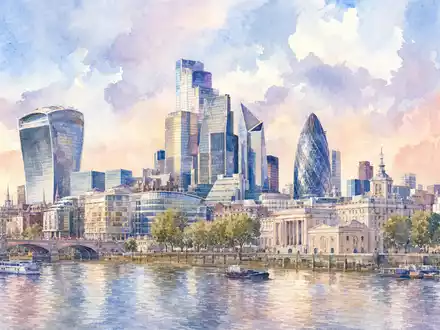 Aquarellmalerei der Londoner Skyline symbolisiert den Firmensitz von Close Brothers Group plc, ISIN GB0007668071 - Foto: THN