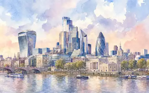 Aquarellmalerei der Londoner Skyline symbolisiert den Firmensitz von Close Brothers Group plc, ISIN GB0007668071 - Foto: THN