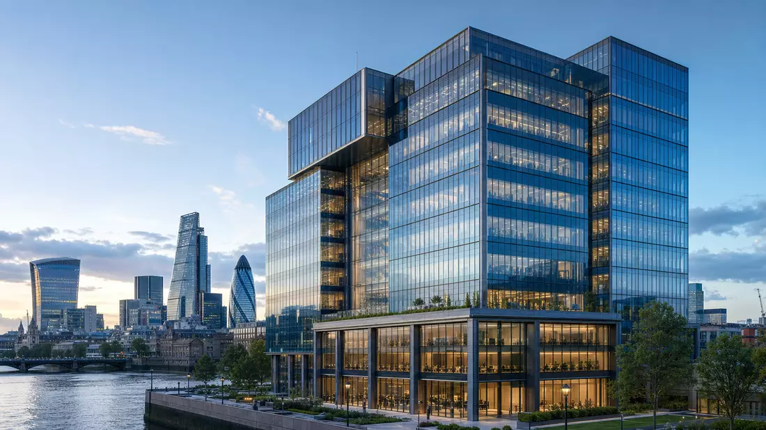 3D-Render eines modernen Glashochhauses vor Londoner Skyline am Abend