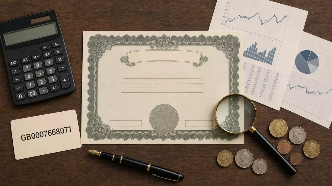 Flatlay mit Aktienzertifikat, ISIN-Karte, Taschenrechner und Finanzcharts