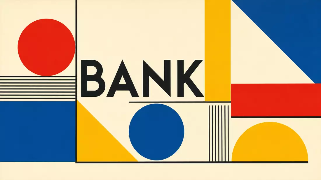 Geometrisches Bauhaus-Poster in Primärfarben mit dem Wort BANK