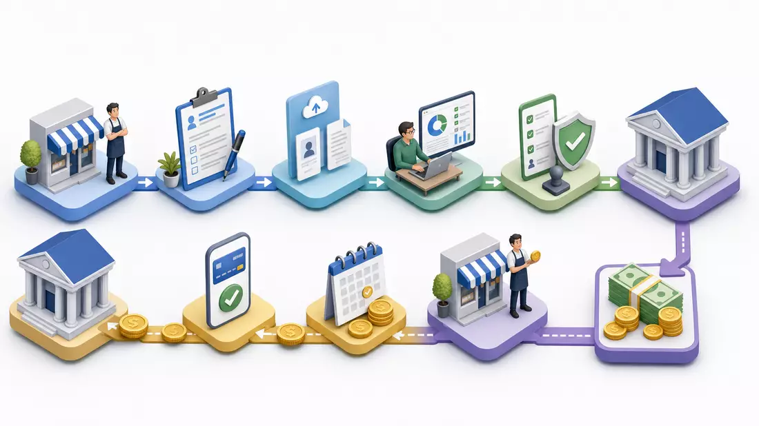 Isometrisches Diagramm einer Kreditvergabe-Prozesskette mit Icons