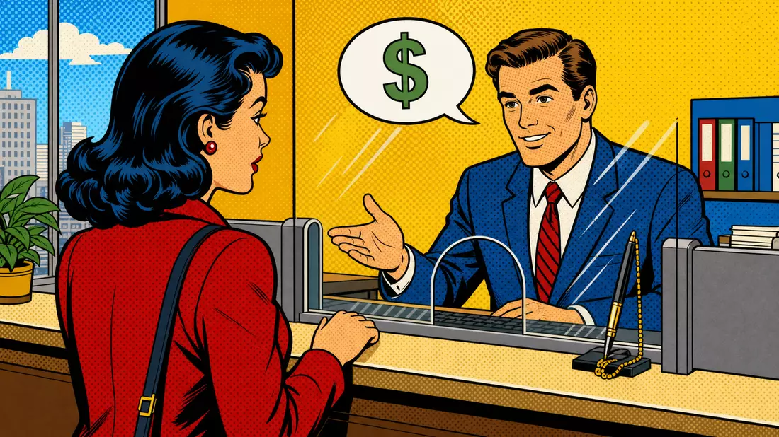 Bunte Pop-Art-Comic-Illustration einer Bankschalter-Szene mit Kunde