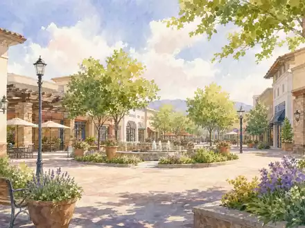 Aquarellmalerei einer Einkaufsmeile mit Brunnen und Bäumen, künstlerisch inspiriert von Kimco Realty, ISIN US49446R1095 - Foto: THN