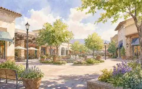 Aquarellmalerei einer Einkaufsmeile mit Brunnen und Bäumen, künstlerisch inspiriert von Kimco Realty, ISIN US49446R1095 - Foto: THN
