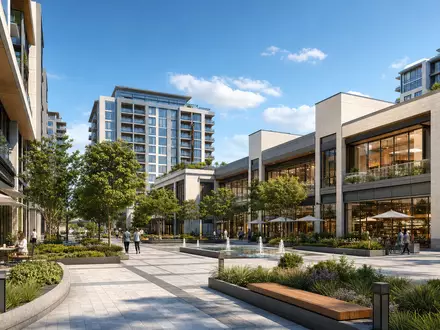 Architektur-Render einer modernen Mischnutzungsimmobilie, konzeptionell inspiriert von Kimco Realty, ISIN US49446R1095, mit Läden - Foto: THN