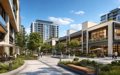 Architektur-Render einer modernen Mischnutzungsimmobilie, konzeptionell inspiriert von Kimco Realty, ISIN US49446R1095, mit Läden - Foto: THN
