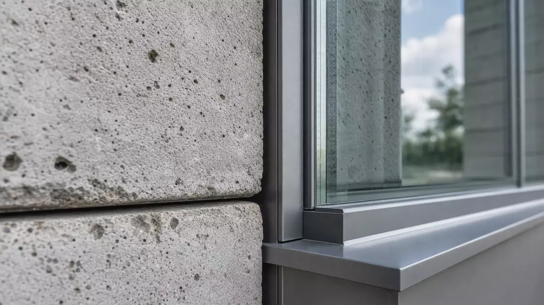 Detailaufnahme von Beton- und Glasfassade mit Metallrahmen in Nahaufnahme