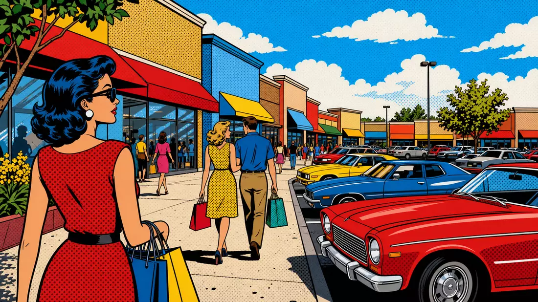 Farbenfrohe Pop-Art-Illustration von Käufern vor Geschäften und Autos