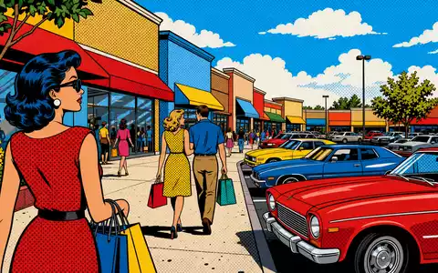 Pop-Art-Comic-Szene einer bunten belebten Einkaufsmeile, künstlerische Interpretation passend zu Kimco Realty, ISIN US49446R1095 - Foto: THN
