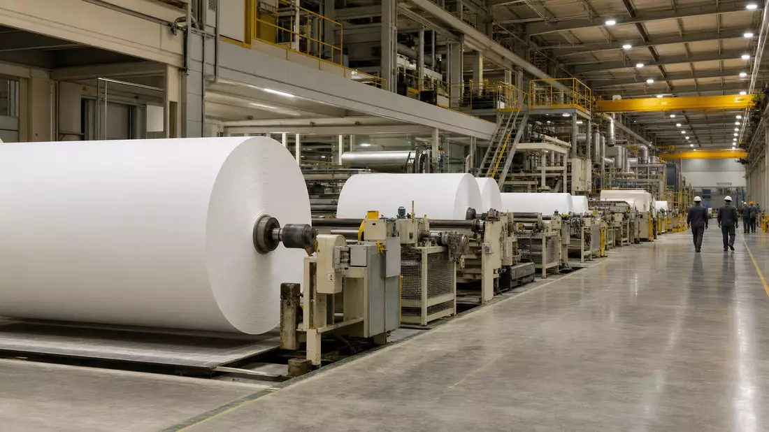Moderne Papier- und Hygieneproduktion mit großen Papierrollen in einer Industriehalle