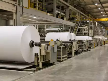 Kimberly-Clark (US4943681035) Papierfabrik zeigt riesige Papierrollen und moderne Produktionsanlagen in großer heller Industriehalle heute - Foto: THN
