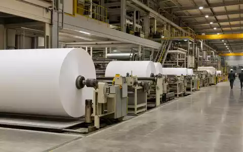 Kimberly-Clark (US4943681035) Papierfabrik zeigt riesige Papierrollen und moderne Produktionsanlagen in großer heller Industriehalle heute - Foto: THN