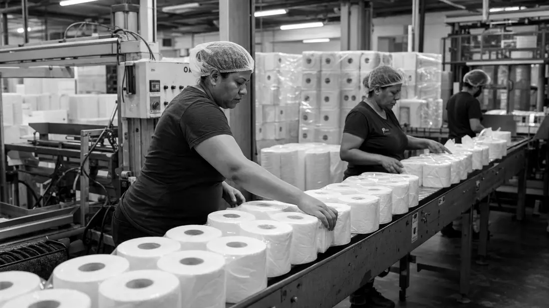 Dokumentarische Schwarzweißaufnahme von Arbeiterinnen an einem Papierprodukt-Fließband