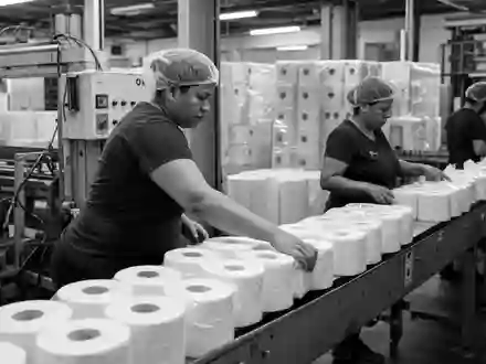 Kimberly-Clark (US4943681035) Schwarzweiß-Reportage dokumentiert Arbeiterinnen an Fließband mit gestapelten weichen Papierrollen und Verpackungen - Foto: THN