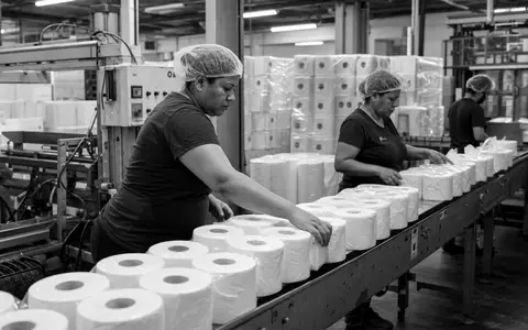Kimberly-Clark (US4943681035) Schwarzweiß-Reportage dokumentiert Arbeiterinnen an Fließband mit gestapelten weichen Papierrollen und Verpackungen - Foto: THN