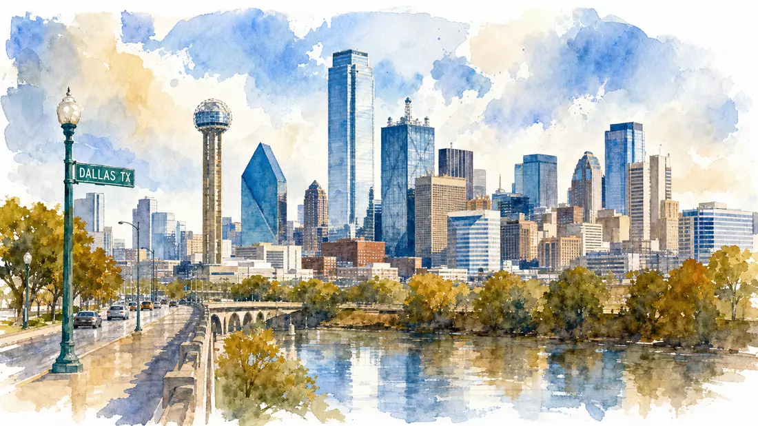 Aquarellmalerei der Skyline von Dallas Texas mit Fluss im Vordergrund
