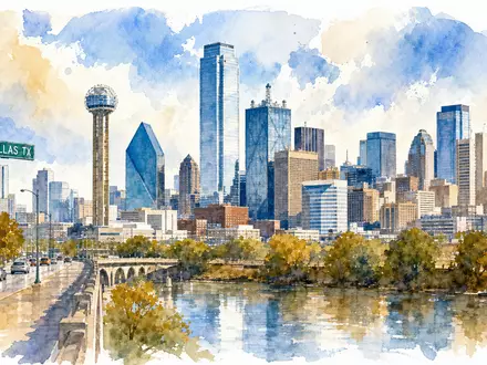 Kimberly-Clark (US4943681035) Aquarellbild zeigt Skyline von Dallas Texas mit Fluss, Brücke und herbstlichen Bäumen - Foto: THN